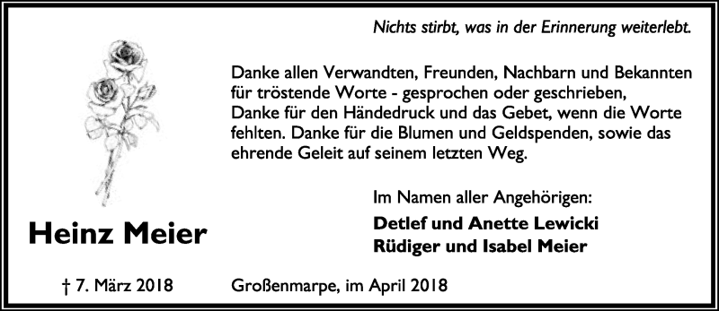  Traueranzeige für Heinz Meier vom 21.04.2018 aus Lippische Landes-Zeitung