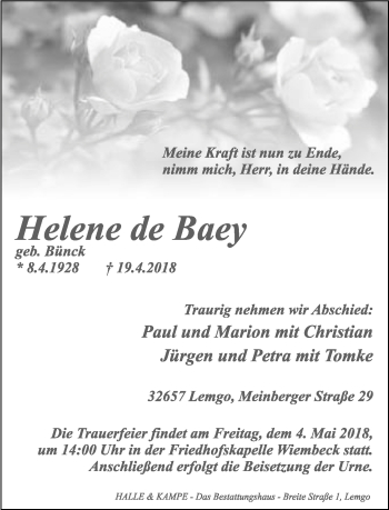 Anzeige  Helene de Baey  Lippische Landes-Zeitung