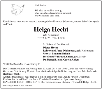 Anzeige  Helga Hecht  Lippische Landes-Zeitung