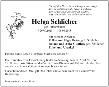 Anzeige  Helga Schlicher  Lippische Landes-Zeitung