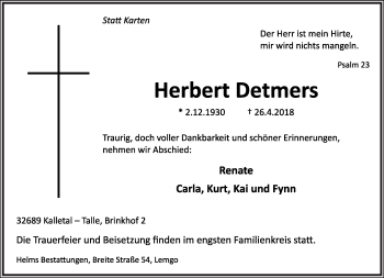 Anzeige  Herbert Detmers  Lippische Landes-Zeitung