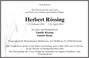 Anzeige  Herbert Rössing  Lippische Landes-Zeitung