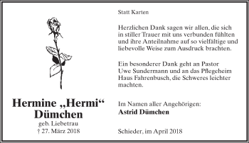 Anzeige  Hermine Dümchen  Lippische Landes-Zeitung