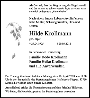 Anzeige  Hilde Krollmann  Lippische Landes-Zeitung