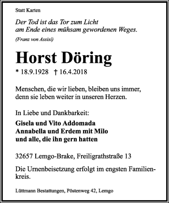 Anzeige  Horst Döring  Lippische Landes-Zeitung
