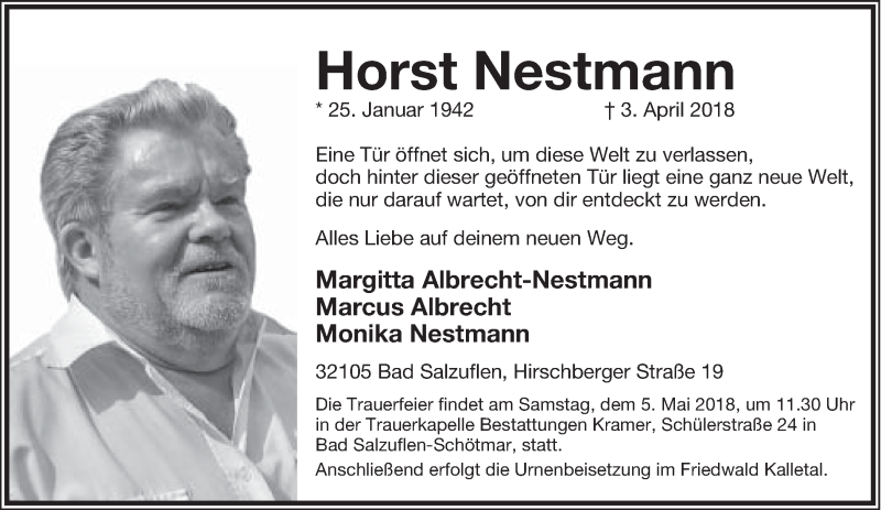  Traueranzeige für Horst Nestmann vom 21.04.2018 aus Lippische Landes-Zeitung