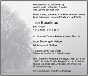 Anzeige  Ilse Busekros  Lippische Landes-Zeitung