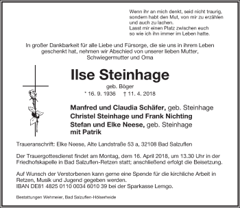 Anzeige  Ilse Steinhage  Lippische Landes-Zeitung