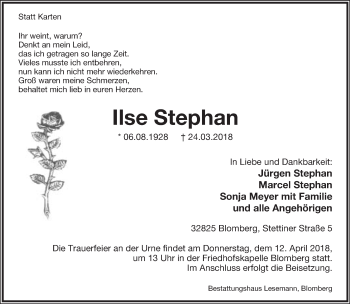 Anzeige  Ilse Stephan  Lippische Landes-Zeitung
