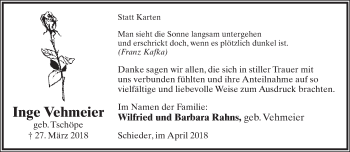 Anzeige  Inge Vehmeier  Lippische Landes-Zeitung