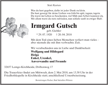 Anzeige  Irmgard Gutsch  Lippische Landes-Zeitung