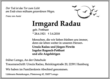 Anzeige  Irmgard Radau  Lippische Landes-Zeitung