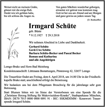 Anzeige  Irmgard Schüte  Lippische Landes-Zeitung