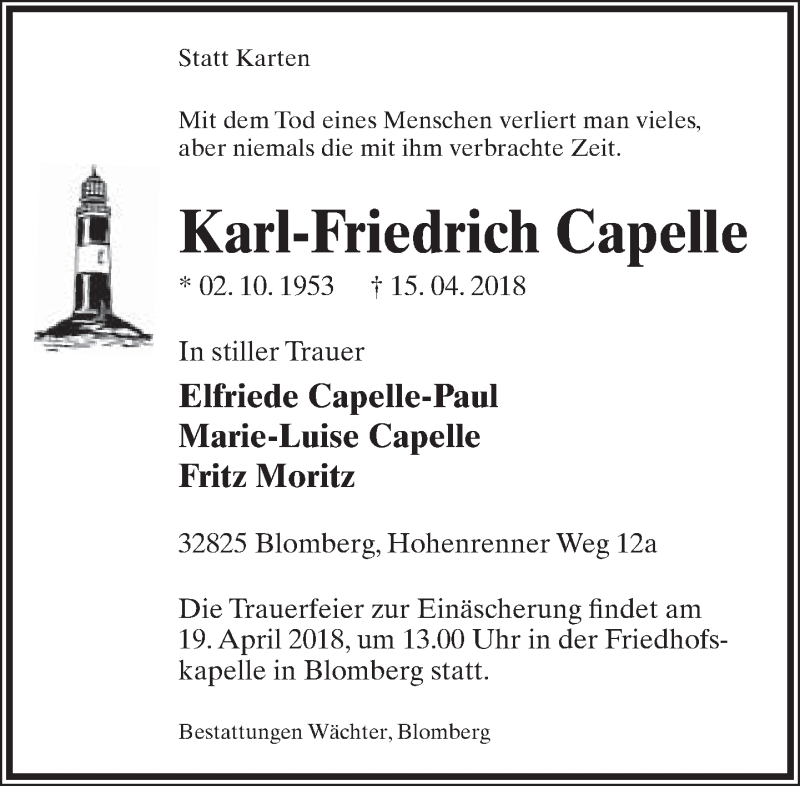  Traueranzeige für Karl-Friedrich Capelle vom 18.04.2018 aus Lippische Landes-Zeitung
