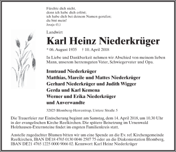 Anzeige  Karl Heinz Niederkrüger  Lippische Landes-Zeitung