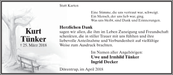 Anzeige  Kurt Tünker  Lippische Landes-Zeitung