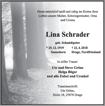 Anzeige  Lina Schrader  Lippische Landes-Zeitung