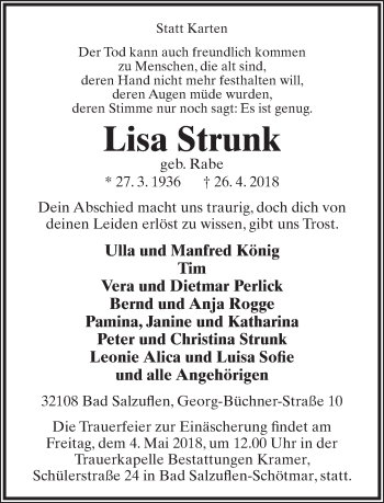 Anzeige  Lisa Strunk  Lippische Landes-Zeitung