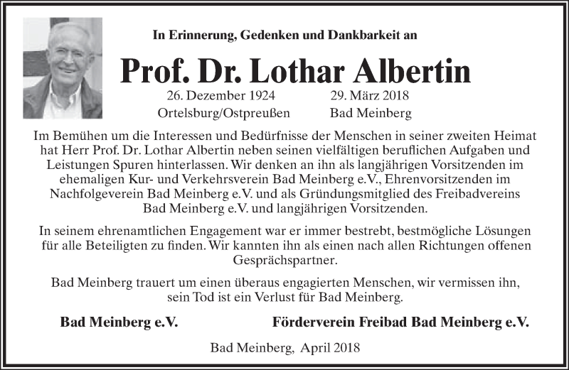  Traueranzeige für Lothar Albertin vom 06.04.2018 aus Lippische Landes-Zeitung