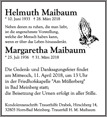 Anzeige  Margaretha Maibaum  Lippische Landes-Zeitung