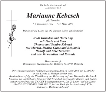 Anzeige  Marianne Kebesch  Lippische Landes-Zeitung