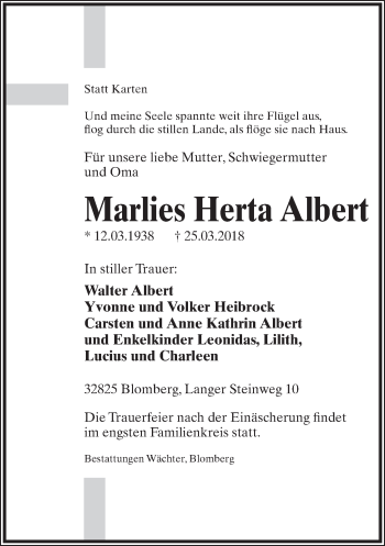 Anzeige  Marlies Herta Albert  Lippische Landes-Zeitung