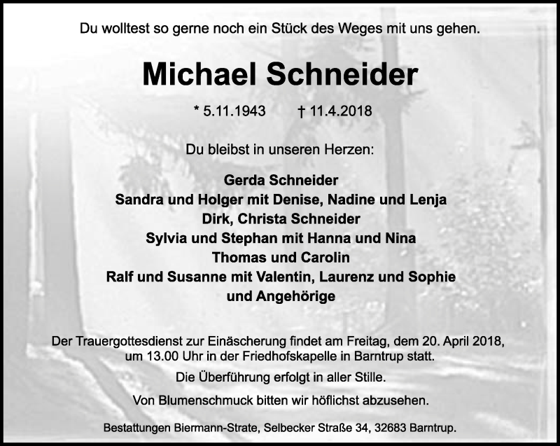  Traueranzeige für Michael Schneider vom 14.04.2018 aus Lippische Landes-Zeitung