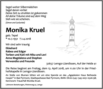 Anzeige  Monika Kruel  Lippische Landes-Zeitung