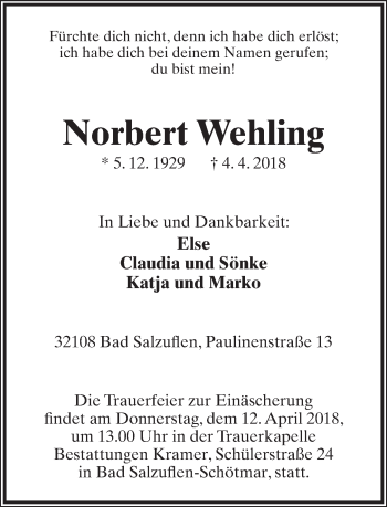 Anzeige  Norbert Wehling  Lippische Landes-Zeitung