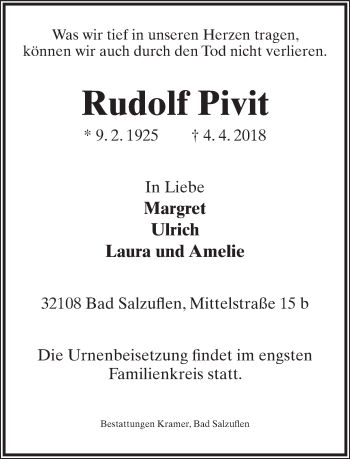 Anzeige  Rudolf Pivit  Lippische Landes-Zeitung