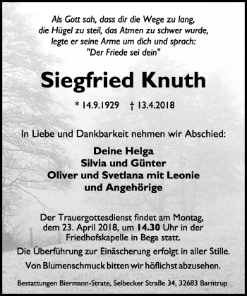 Anzeige  Siegfried Knuth  Lippische Landes-Zeitung
