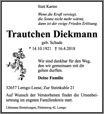 Anzeige  Trautchen Diekmann  Lippische Landes-Zeitung