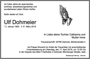 Anzeige  Ulf Dohmeier  Lippische Landes-Zeitung