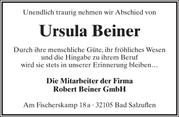 Anzeige  Ursula Beiner  Lippische Landes-Zeitung