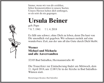 Anzeige  Ursula Beiner  Lippische Landes-Zeitung