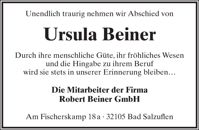  Traueranzeige für Ursula Beiner vom 07.04.2018 aus Lippische Landes-Zeitung