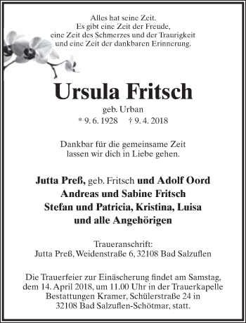 Anzeige  Ursula Fritsch  Lippische Landes-Zeitung