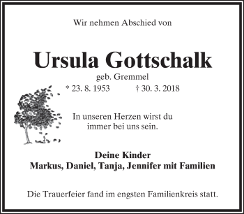 Anzeige  Ursula Gottschalk  Lippische Landes-Zeitung
