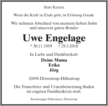 Anzeige  Uwe Engelage  Lippische Landes-Zeitung