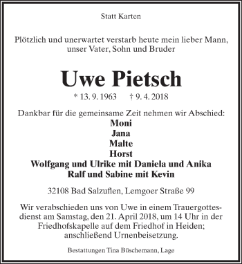 Anzeige  Uwe Pietsch  Lippische Landes-Zeitung