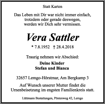 Anzeige  Vera Sattler  Lippische Landes-Zeitung
