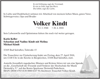 Anzeige  Volker Kindt  Lippische Landes-Zeitung
