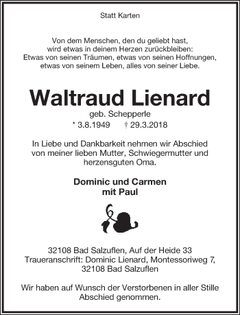 Anzeige  Waltraud Lienard  Lippische Landes-Zeitung