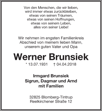 Anzeige  Werner Brunsiek  Lippische Landes-Zeitung