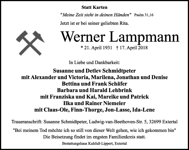  Traueranzeige für Werner Lampmann vom 21.04.2018 aus Lippische Landes-Zeitung