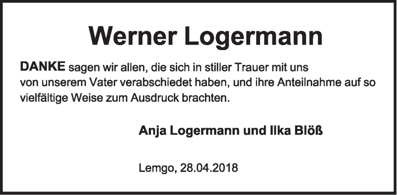  Traueranzeige für Werner Logermann vom 28.04.2018 aus Lippische Landes-Zeitung