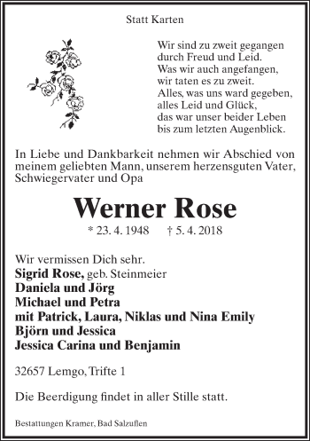 Anzeige  Werner Rose  Lippische Landes-Zeitung