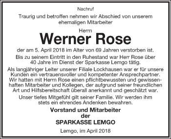 Anzeige  Werner Rose  Lippische Landes-Zeitung
