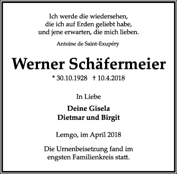 Anzeige  Werner Schäfermeier  Lippische Landes-Zeitung