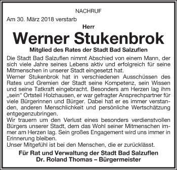 Anzeige  Werner Stukenbrok  Lippische Landes-Zeitung